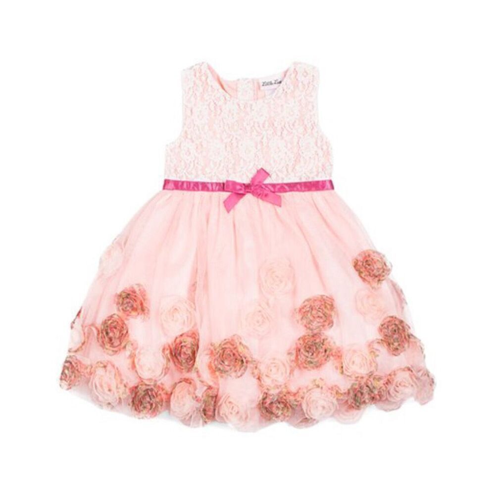 Little Lass Pink Lace-Accent Rosette-Skirt A-Line Dress